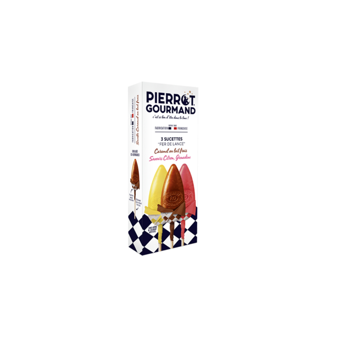 Etui de 3 sucettes "Fer de Lance" Pierrot Gourmand aromatisées au Caramel au lait frais et Saveurs Citron et Grenadine 39 g