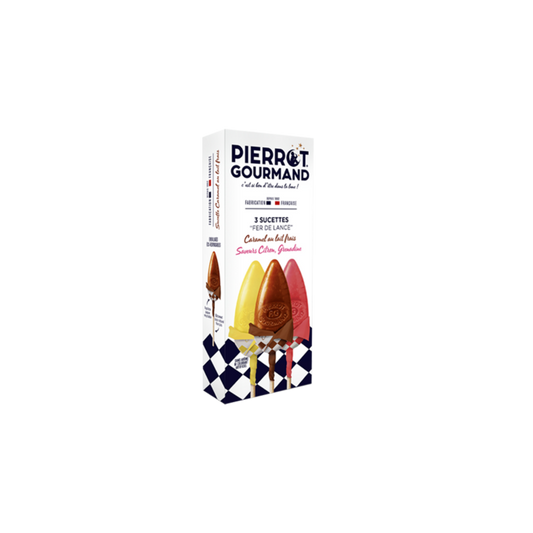 Etui de 3 sucettes "Fer de Lance" Pierrot Gourmand aromatisées au Caramel au lait frais et Saveurs Citron et Grenadine 39 g