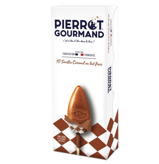 Etui de 10 sucettes "Fer de Lance" Pierrot Gourmand aromatisées au Caramel et au Lait 130 g