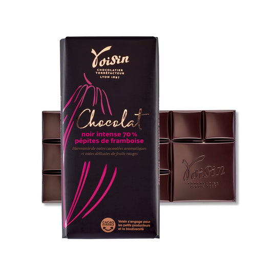 Chocolat VOISIN NOIR INTENSE 70 % AUX PEPITES E FRAMBOISE